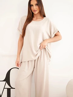 Dámský komplet Plus Size halenka a kalhoty se širokými nohavicemi béžová