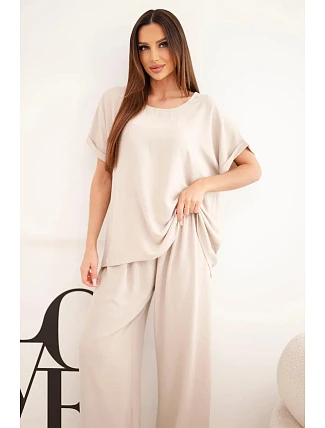 Dámský komplet Plus Size halenka a kalhoty se širokými nohavicemi béžová