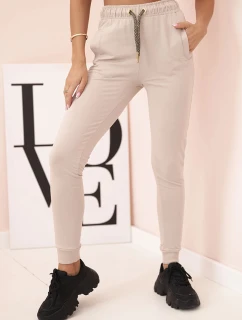 Dámské bavlněné cargo kalhoty s kapsami a řetízkem béžové