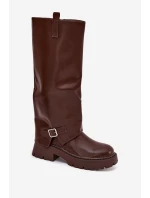 Zateplené kozačky s ohrnutým svrškem a přezkou čokoládové Fiorae
