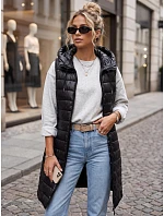 Dlouhá dámská prošívaná vesta s kapucí, černá, FashionStreet TY5260 Dlouhá dámská prošívaná vesta s kapucí, černá, FashionStreet TY5260