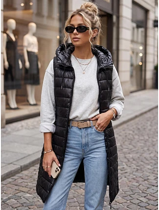 Dlouhá dámská prošívaná vesta s kapucí, černá, FashionStreet TY5260 Dlouhá dámská prošívaná vesta s kapucí, černá, FashionStreet TY5260