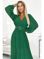 414-3 KLARA plisované šaty s páskem a výstřihem - SVĚTLE ZELENÉ 414-3 KLARA plisované šaty s páskem a výstřihem - SVĚTLE ZELENÉ