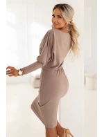 399-4 LARA Pruhované šaty s žebrovanými manžetami - moka pěna 399-4 LARA Pruhované šaty s žebrovanými manžetami - moka pěna