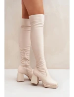 Dámské kozačky za koleno na sloupkovém podpatku Sanniraen – světle béžové, eko zamsz