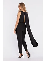 M907 Asymetrický overal s pláštěm a zvýrazněným pasem - černý