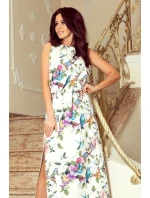 191-6 Šaty MAXI zavazované za krkem s rozparkem - barevné růže a modří ptáci 191-6 Šaty MAXI zavazované za krkem s rozparkem - barevné růže a modří ptáci