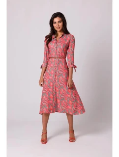 Dámské košilové šaty na knoflíky - model 1 B259 Tmavě oranžová se zelenou vzor - BeWear