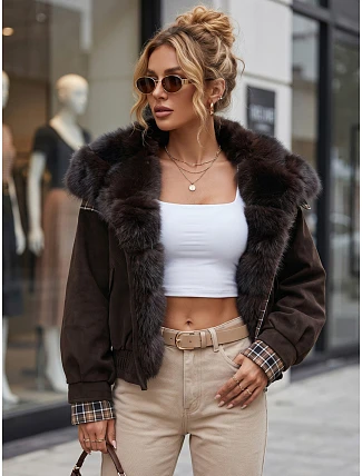 Krátká dámská semišová bunda s kožešinou, hnědá, FashionStreet TY5843 Krátká dámská semišová bunda s kožešinou, hnědá, FashionStreet TY5843