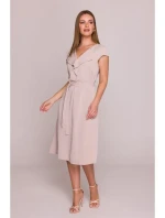 S411 Šaty bez rukávů s volánkovým výstřihem - béžové