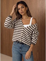 Dámský oversize kardigan s pruhy v barvě fango-béžové, FashionStreet MY2641 Dámský oversize kardigan s pruhy v barvě fango-béžové, FashionStreet MY2641