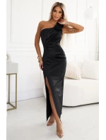 580-6 AURORA dlouhé saténové šaty na jedno rameno s růžemi - černé