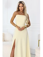 663-3 ELARA korzetové maxi šaty s rozparkem a zavazováním na zádech - máslově žluté