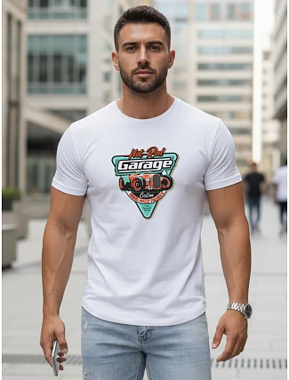 Pánské bavlněné tričko s potiskem HOT ROD GARAGE bílé FashionStreet NX5093R Pánské bavlněné tričko s potiskem HOT ROD GARAGE bílé FashionStreet NX5093R