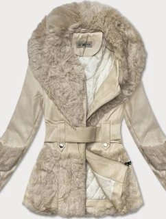 Dámská bunda z eko kůže v barvě ecru s kožešinovým límcem Way Mode (OMS-15WD-03)