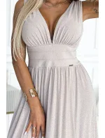 490-2 SUSAN Dlouhé brokátové šaty s výstřihem a prošíváním v pase - BEACH