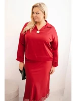Komplet dámský Plus Size se saténovým leskem a krajkou bordový