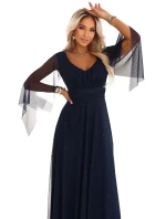 655-3 Dlouhé lehké třpytivé šaty s výstřihem a průhlednými rukávy - tmavě modré 655-3 Dlouhé lehké třpytivé šaty s výstřihem a průhlednými rukávy - tmavě modré