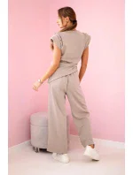 Komplet asymetrická halenka + kalhoty tmavě béžová