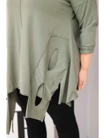 Dámská bavlněná blůza Plus Size s asymetrickým spodním lemem a výřezy khaki