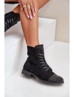 Ozdobené botky na plochém podpatku eko semišové zateplené černé Ellieo