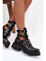 Lakované dámské kotníky s pásky a stříbrnými sponami Černé Helisse