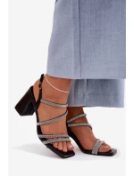 Černé dámské sandály na podpatku s pásky a cyrkony Brelia