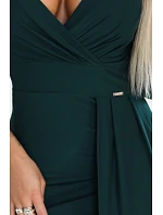 404-15 Elegantní dlouhé šaty s obálkovým výstřihem a rozparkem - lahvově zelené