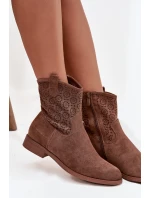 Dámské kotníkové boty na plochém podpatku s ažurovým vzorem S.Barski – hnědé