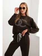 Dámská souprava z viskózy s ozdobným motivem a kalhotami hnědý