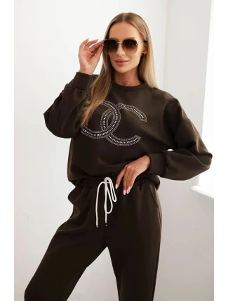 Dámská souprava z viskózy s ozdobným motivem a kalhotami hnědý