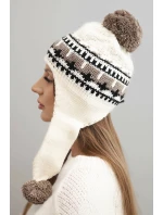 Dámská zimní vlněná čepice s ušima a pompony K436 ecru