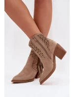 Dámské perforované kožené boty s kovbojským vzhledem na podpätku s třásněmi Béžové Calissey