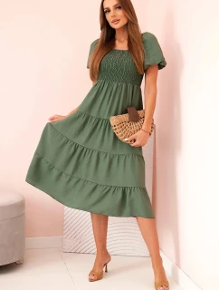 Dámské viskózové šaty s nabíranými rukávy a volánkovým topem khaki
