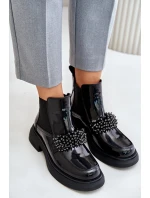 Kožené Lakované Botky S Dekorací Nazouvací Zateplené Černé Solimav