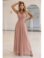 637-7 Dlouhé maxi šaty s brokátovým akcentem a hlubokým výstřihem - pudrově růžové
