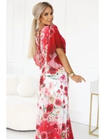 603-1 Vzdušné maxi šaty s obálkovým výstřihem a květinovým vzorem - RED ROSES 603-1 Vzdušné maxi šaty s obálkovým výstřihem a květinovým vzorem - RED ROSES