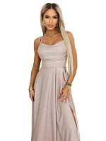 589-4 Dlouhé šaty s jemným třpytem a korzetovým zavazováním na zádech - béžovo-růžové s třpytkami