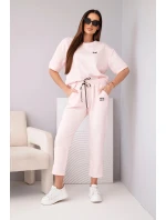 Dámská viskózová souprava s krátkým rukávem a kalhotami s ohrnovaným lemem cukrová růžová