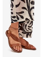 Dámské sandály z přírodní kůže na plochém podpatku Zazoo 3564 Camel