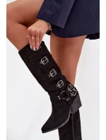 Kozačky Kovbojky na podpatku s přezkami Černé Fivelle