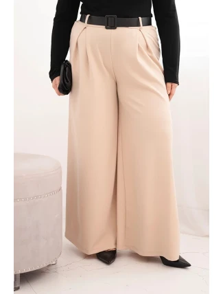 Dámské kalhoty Plus Size s širokou nohavicí a páskem béžové