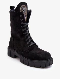 Semišové pracovní kotníkové boty s bižuterním zdobením, černý Marx
