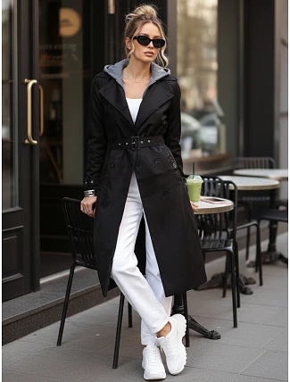 Dámský dvouřadý trenčkot s kapucí černý FashionStreet TY5654