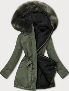 Khaki-černá teplá oboustranná dámská zimní bunda (w610)