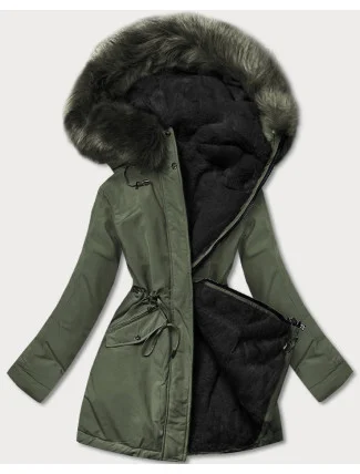 Khaki-černá teplá oboustranná dámská zimní bunda (w610)