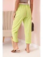 Dámské lněné kalhoty s bavlnou a páskem jasně zelená