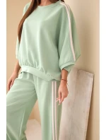 Dámský komplet z viskózy máslový se širokými nohavicemi a volnou blůzou tmavě mátový