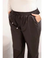 Dámské kalhoty Plus Size zateplené z ekokůže s vysokým pasem hnědé