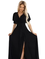 581-1 JENNIFER lesklé dlouhé šaty s rukávy a výstřihem - ČERNÉ S BROKEREM